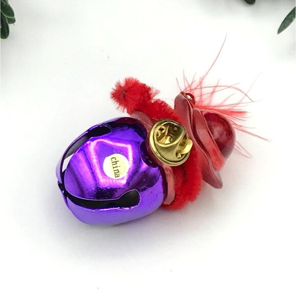 Vintage Snowman Brooch/tac pin  With Red Hat & Purple Bell - Picture 2 of 3